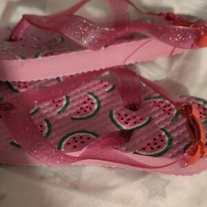 Sparkly Pink Kids Flip Flops with Watermelon Design